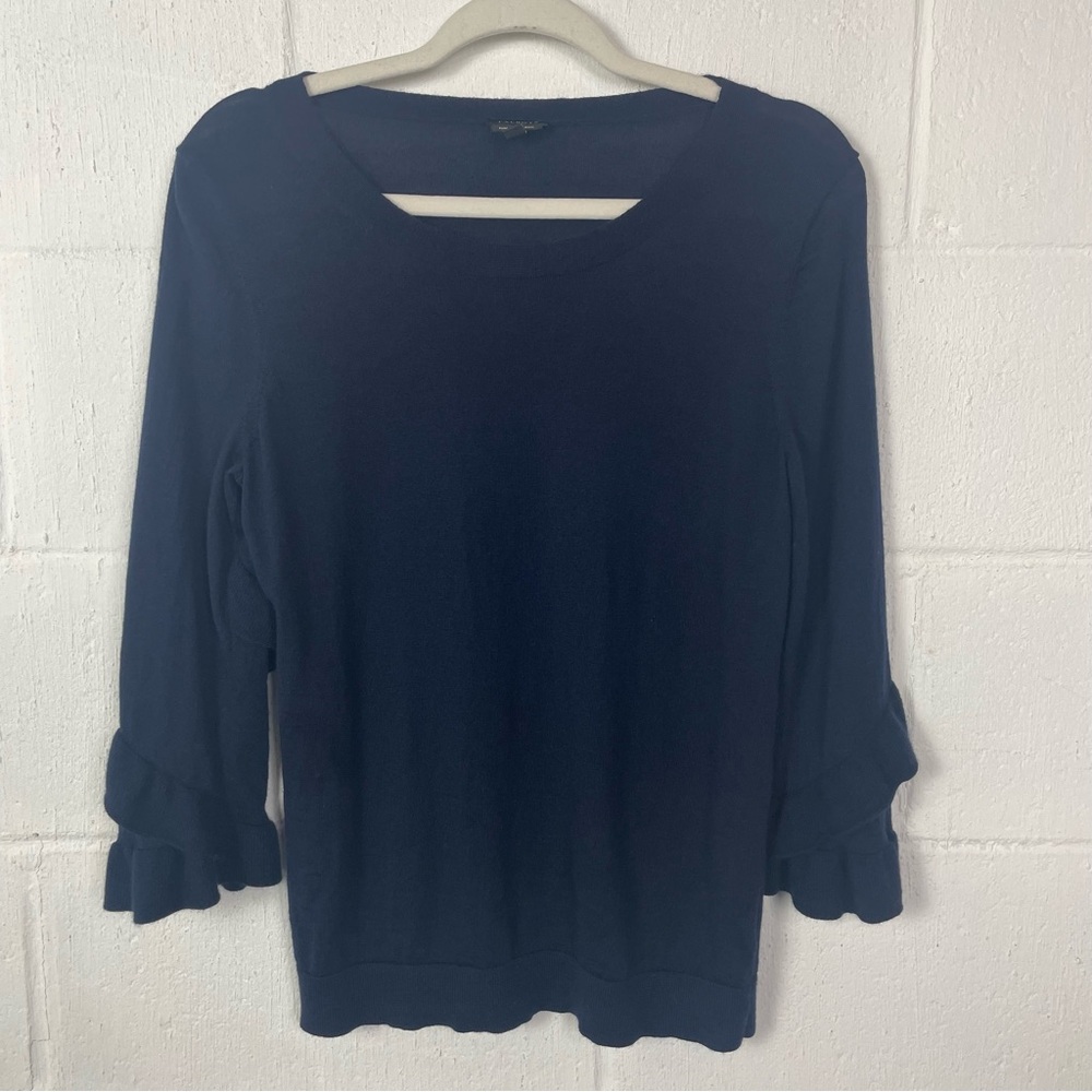 Talbots Crewneck Sweater 100% Merino Wool Navy Ruffle Sleeves Classic Office M